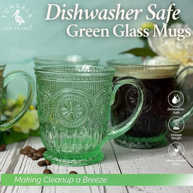 Green Glass Coffee Cups - Set of 4 Vintage Coffee Mugs – 10oz Vintage Tea Cups, Pastel Apple Green Aesthetic Mug Set, Unique Tea Cup Glass with Sunflower Design, Dishwasher Safe, Lead-Free