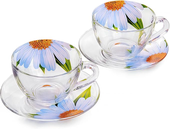 STP GOODS Glass Tea Cup and Saucer Set of 2 Glass Teacups 6.8 fl oz (200 ml) Cups with Matching Saucers for Two, Tea Coffee Set for 2, Coffee Cups, Dishwasher and Microwave safe (Daisy)