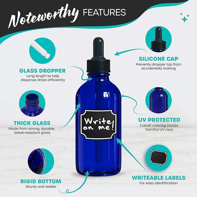 Nevlers 4 Oz Blue Glass Dropper Bottle 48 Pack | Eye Dropper Bottle Set with Glass Droppers for Liquids, Funnel, Brush, Marker, Labels & Shrink Wrap | Tincture Bottles with Droppers for Oils & More