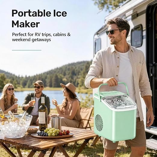 OLIXIS Countertop Ice Maker with Self-Cleaning, Portable Ice Maker Machine with Scoop, 26Lbs/24H, 9 Cubes in 6 Mins, 2 Sizes of Bullet Ice for Home, Kitchen, Office, Green