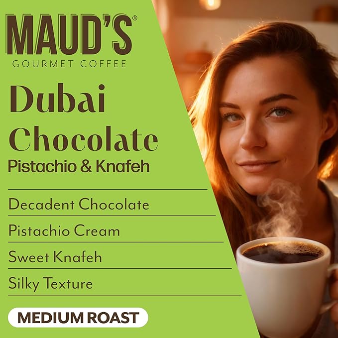 Maud's Dubai Chocolate Flavored Coffee Pods, 36 ct, Medium Roast Flavored Coffee in Single Serve Pods – 100% Arabica Beans, Compatible with Keurig K Cups Maker