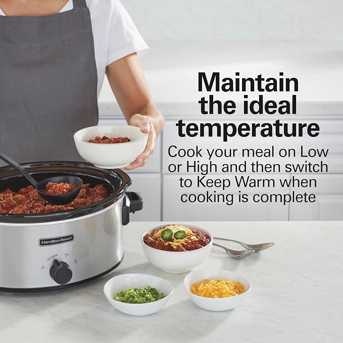 Hamilton Beach 6 Quart Slow Cooker With 3 Cooking Settings | Dishwasher-Safe Stoneware Crock & Glass Lid | Silver | 33665G