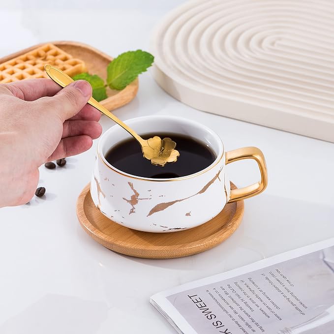 Jusalpha 10 oz Luxury Golden Hand Print Teacup Coffee Cup with Bamboo Saucer Set TCS19 (2 Sets, White)