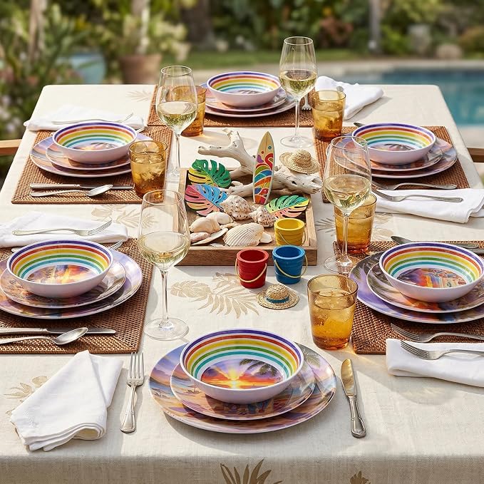12 Piece Melamine Plates and Bowls Set, Beach Sunset | Melamine Dinnerware Set，Service for 4, Unbreakable, Stackable & Lightweight, Indoor & Outdoor Us