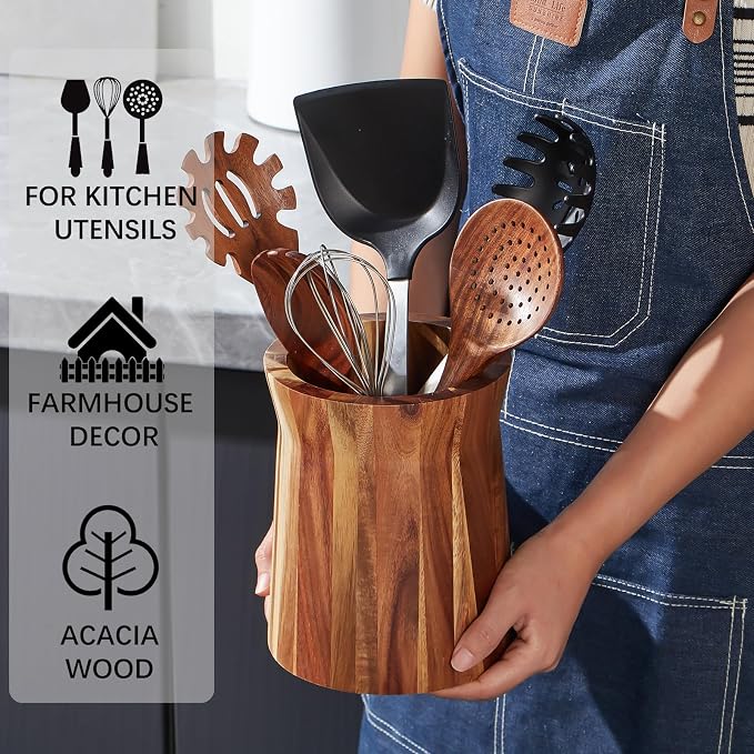 Wooden Utensil Holder for Countertop, 360° Rotating Kitchen Utensil Holder, 7.2"x 6" Large Acacia Wood Crock, Farmhouse Kitchen Decor