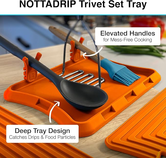 Nottadrip Silicone Spoon Rest for Stove Top - Kitchen Spoon Rest for Countertop, Ladle Holder, All in 1 Serving Station, Elevate Handles, Drip to Tray, Mess Free - 5PC Trivet Set - Orange