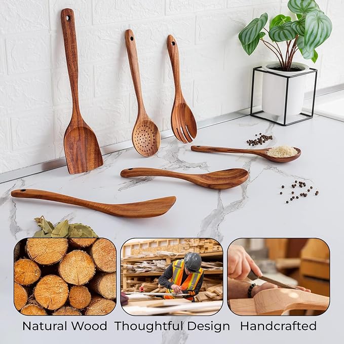 Wooden Spoons for Cooking, 11 PCS Teak Wood Utensil Set with Holder – Heat Resistant, Nonstick Safe, Smooth Finish, Lightweight & Durable Kitchen Tools