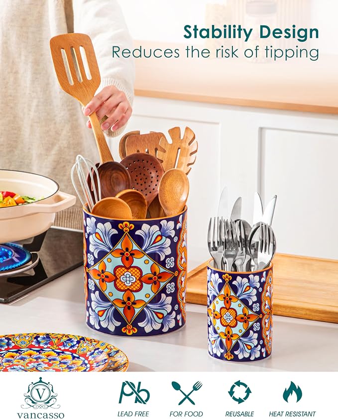 vancasso SIMI Utensil Holder, 7.3"+5.5" Porcelain Kitchen Utensil Holder for Countertop, Bohemian Kitchen Utensil Organizer for Spatulas, Spoons, Decorative Counter Utensil Crock, Amber Elegance