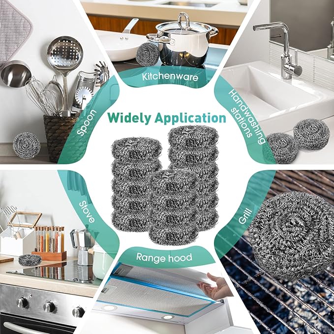 Roshtia 100 Pieces Stainless Steel Scouring Pad Bulk Metal Scrubber for Cleaning Dish 30 Gram Stainless Steel Sponge Round Metal Wool Scrubber for Cleaning Kitchen Bathroom Household