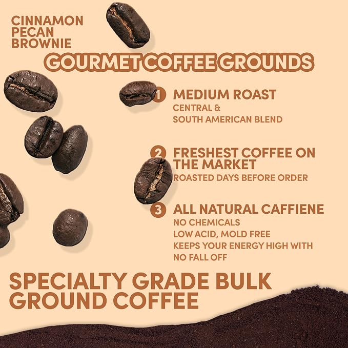 Sarasota Coffee Ground Cinnamon Pecan Brownie | Medium Roast Gourmet Flavored Coffee Grounds | Low Acid, Mold Free, Specialty Grade Flavored Bulk Ground Coffee | 5lb (80 oz)