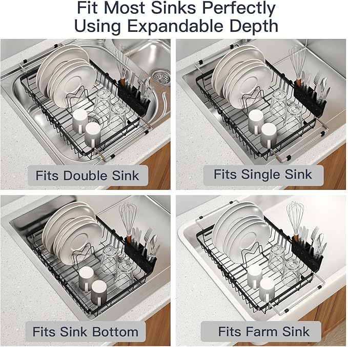 MAJALiS Dish Drying Rack Over The Sink with Utensil Holder | Expandable Stainless Steel Dish Drainer for Small Kitchen, Apartment, RV, Counter Space Saving, Perfect Fit, Rustproof