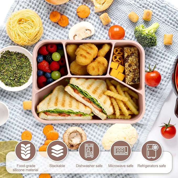 Honeydak 4 Pcs Silicone Bento Box Reusable Lunch Container 4 Compartment Snack Boxes with Lid Smooth LeakProof Rectangle Food Boxes for Adult Work Travel Food Storage (Gentle Color)