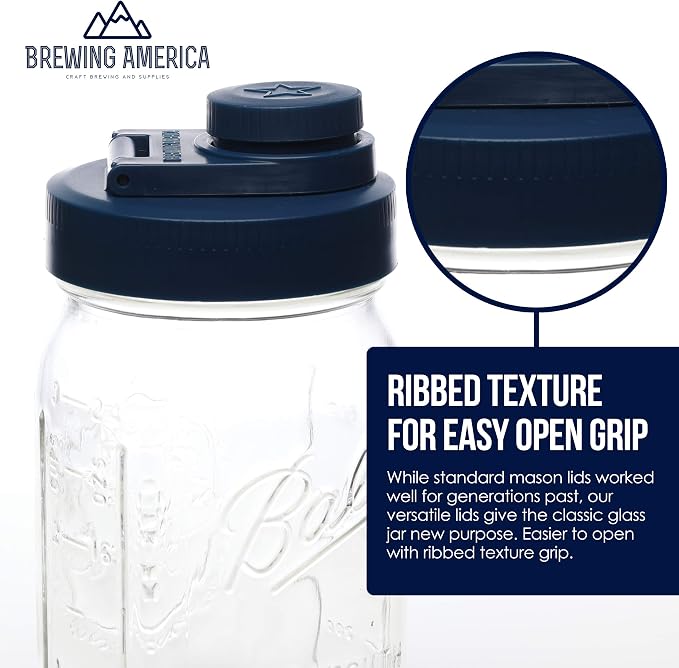 Brewing America Glass Mason Jar Pitcher with Lid - Azure Standard Jars, 1 Quart (32 oz) with Old Glory Blue Wide Mouth Pour Lid, for Smoothie, Boba Cup, Sun Tea, Cold Coffee Glass Tumbler, 2-Pack