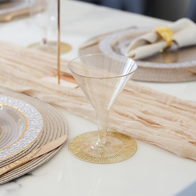 MATANA 48 Glitter Gold Plastic Martini Cocktail Glasses 7 oz - Elegant & Reusable - Manhattan, Margarita, Cosmopolitan, Desserts - Weddings, Birthdays, Parties