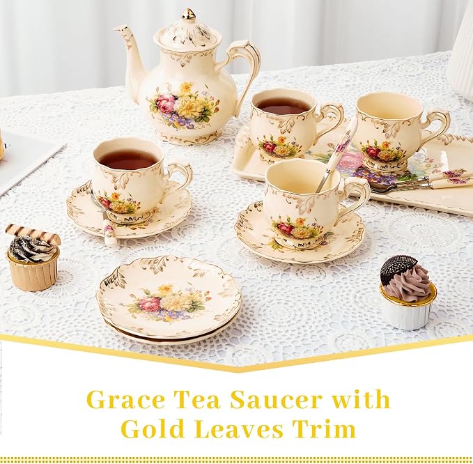 YOLIFE Tea Saucers Set of 4, 5.8 inch – Ivory Vintage Floral Porcelain Tea Plates for Cups with Gold Leaves Trim, Ideal for Tea Parties