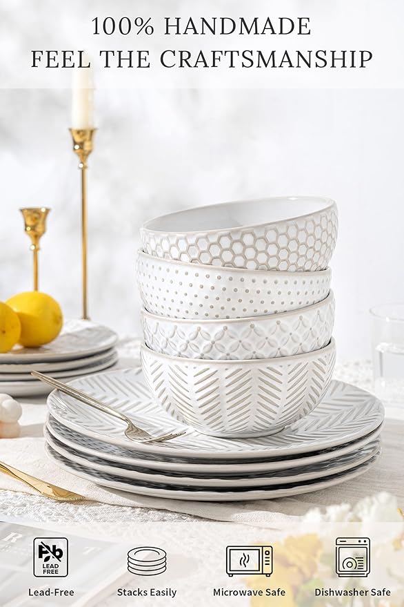 FOBENTA 16-Piece Ceramic Plates and Bowls Set,Dual Bowl Dish Set with Dinner & Pasta Bowls，Elegant Embossed Dinnerware for Modern Homes,for Microwave & Dishwasher Safe