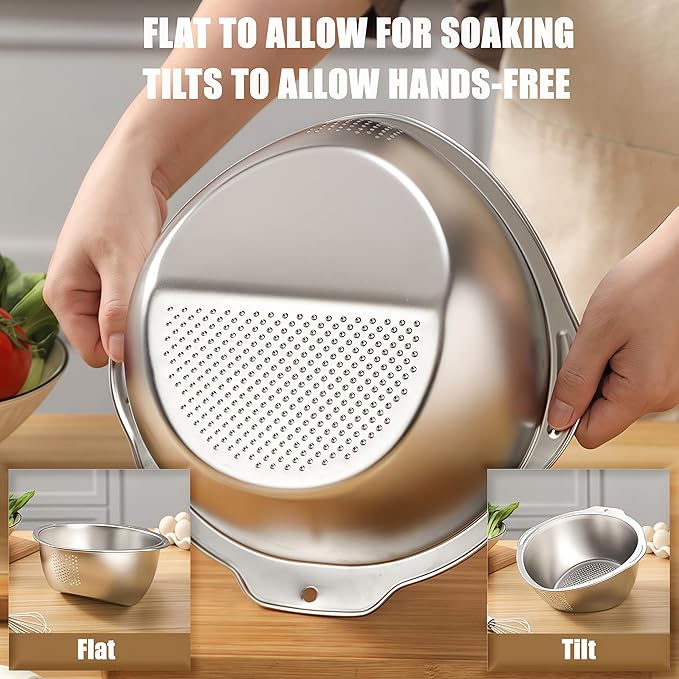 Rice Washer Strainer Bowl Quinoa Washing Bowl Stainless Steel Colander Versatile Side Drainers for Cleaning Rinsing Fruits, Vegetables, and Beans - Multifunctional Drain Basket