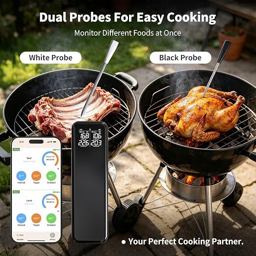 Smart Wireless Meat Thermometer for Grilling, Dual Probe Bluetooth BBQ Thermometer with 2 Probes Instant Read LCD & App Control for Smoker, Grill, Oven, Kitchen, Air Fryer Fathers Day Gift for Dad Men