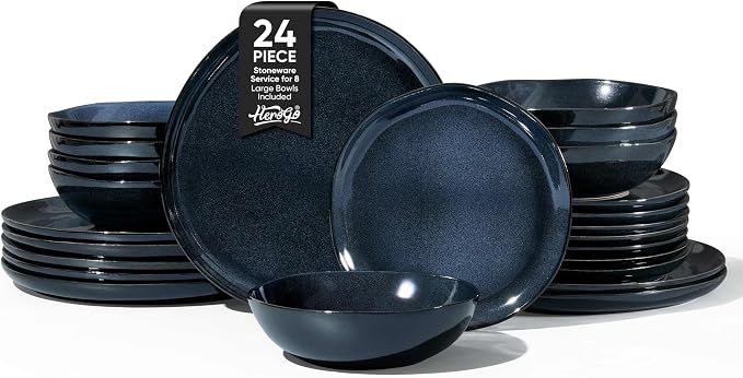 Herogo 24pcs Stoneware Dinnerware Sets for 8, Irregular Handmade Dinner Plates and Bowls, Kitchen Dining Dish Dishware Set, Microwave & Dishwasher Safe,Starry Blue