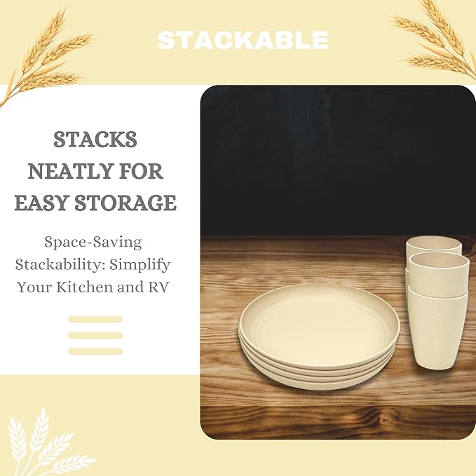 ECOSTAR Wheat Straw Dinnerware Sets Unbreakable Plates Bowls and Cups Reusable Utensils Dishwasher Microwave Safe Bowls and Plates Sets (Beige)