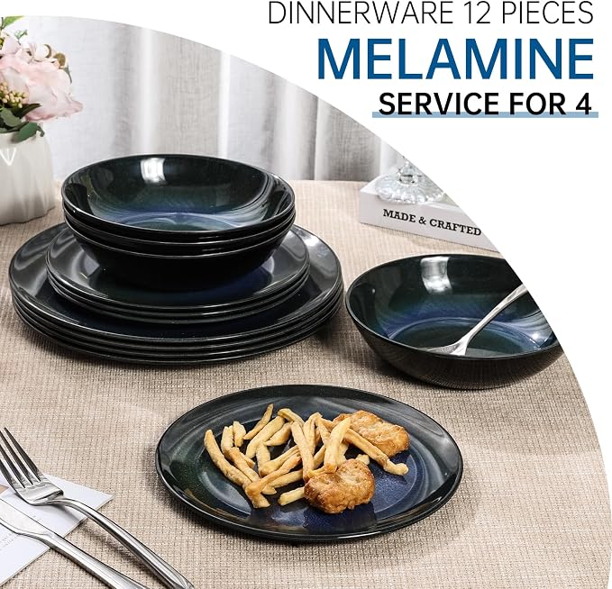 Melamine Dinnerware Set, 12pcs Plates and Bowls Set, Blue Dinner Dishes Set for Indoor and Outdoor, BPA-Free, Dishwasher Safe（Blue Cosmic）