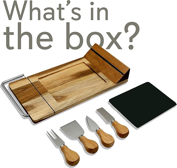 NutriChef Slicing Bamboo Cheese Board Platter - 4 Stainless Steel Knives and Magnet Holder - Modern Wood Snack Serving Tray w/ Stone Slate Slab - Slicer Blade for Cutting - NutriChef PKCZBD50