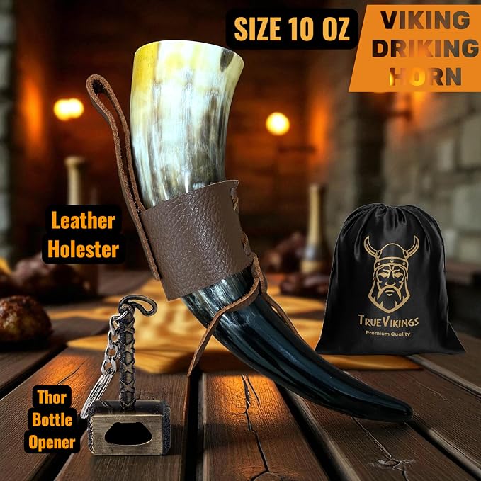 Drinking Horn — 10-12 Inch Viking Gifts for Men & Women | With Thor Bottle Opener & Stand | Handmade & Real Ox Horns | Norse Viking Cup Perfect For Beer, Ale, Mead (12 Oz) (Natural Polished)