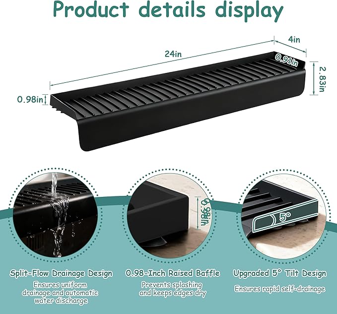 Silicone Sink Edge Protector Splash Guard,Sink Granite Edge Protector,24x4 Inch with Suction Cups & 5°Tilt, Cuttable for Kitchen Bathroom Countertops, Granite Quartz Surfaces (Black)