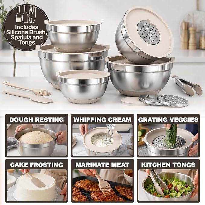 Four Flowers Heavy-Duty Mixing Bowls Set with airtight lids – 11 PCS Stainless Steel Nesting Kitchen Bowls, Mixing Bowls with Non-Slip Bottoms and Grater Attachment, Best for Mixing and Serving