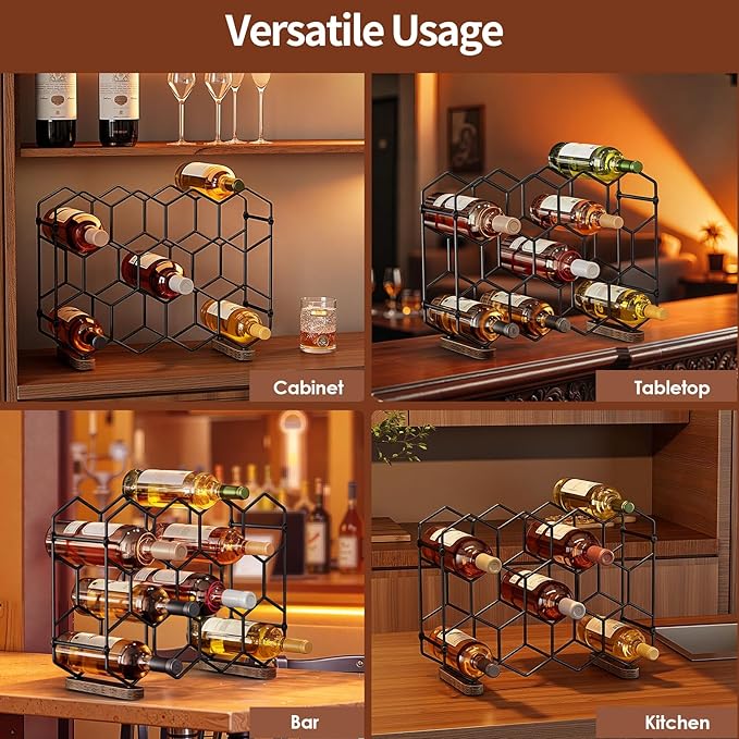 Nuovoware Countertop Wine Rack, 14-Bottle Freestanding Modern Carbon Steel Holder Hexagonal Structure, 3 Tier Tabletop Wine Bottle Organizer Storage for Cabinet, Pantry, Black+Retro Brown
