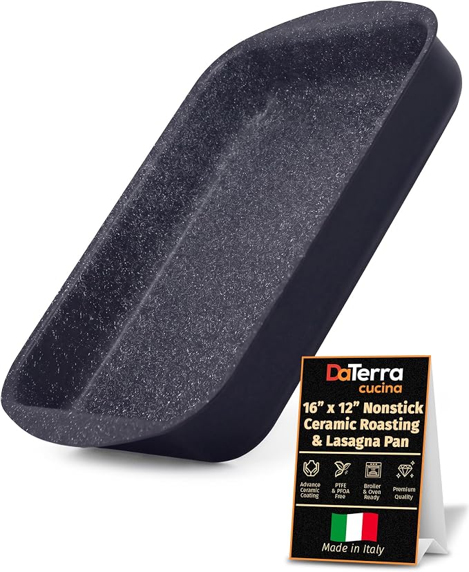 DaTerra Cucina Nonstick Roasting & Lasagna Pan – 16"x12"x3", Ceramic-Coated, Oven & Stovetop Safe to 600°F, Sturdy Base, PTFE, PFOA & Lead-Free, Durable & Stylish Deep Roasting Tray - Made in Italy