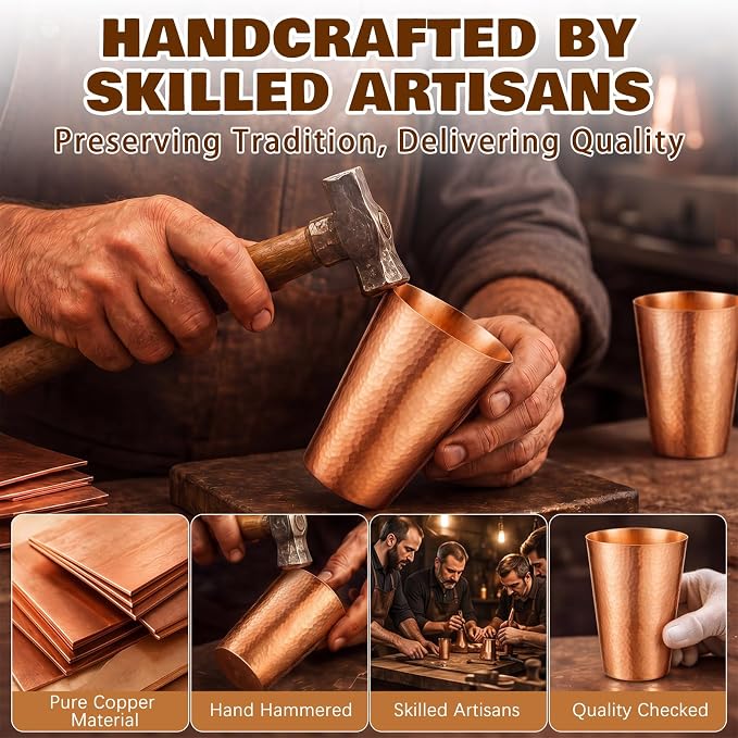 Willinglong 1 Pcs 100% Pure Copper Tumblers 12 oz Handcrafted Hammered Copper Cups, Ayurvedic Drinking Vessel for Family Health Water, Cocktails, Iced Tea Glasses (Threaded)