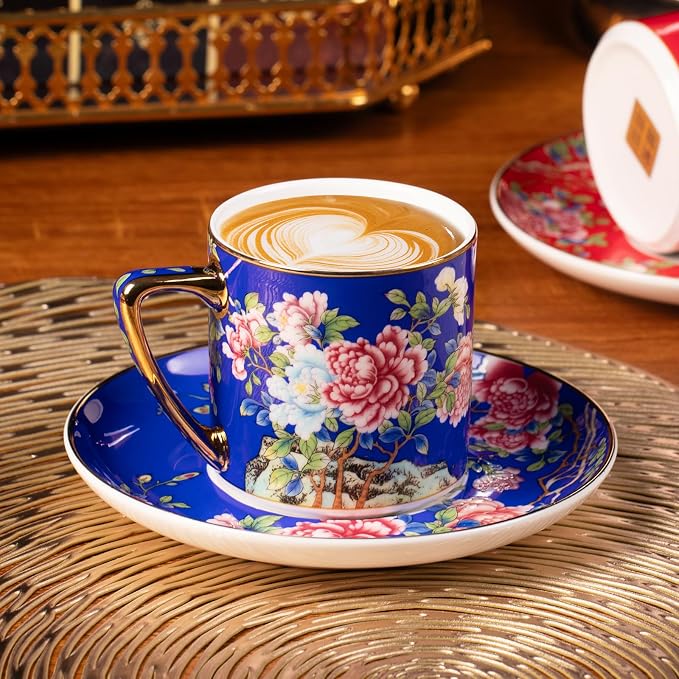 KAMMAK Tea Cups and Saucers Set of 2, Porcelain Coffee Cups with Saucer for Espresso, Cappuccino, 7.4oz Vintage Red and Blue Ceramic Novelty Mug for Home, Tea Party, Office, 631+632N