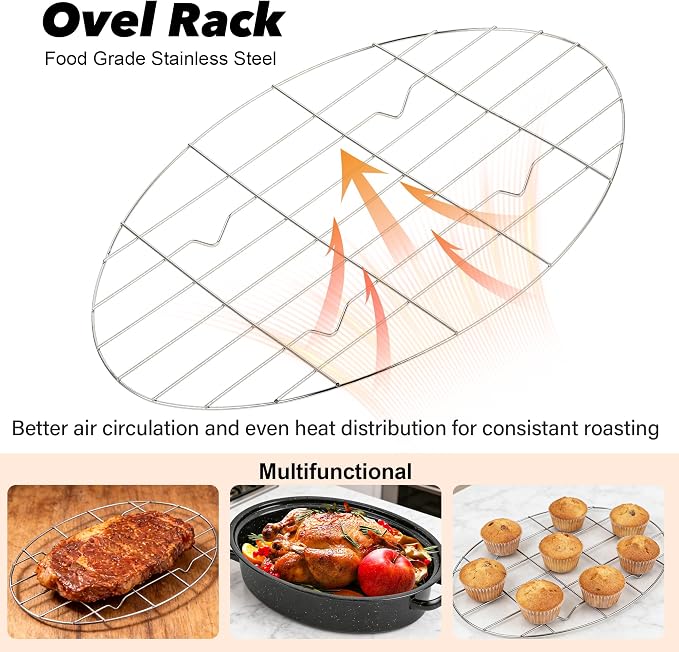18” Roaster Pan with Lid and Rack, Large Enamel Roaster Pan with Oval Roasting Rack, Granite Baking Pot for Chicken Turkey Lamb, Heat Resistant, Oven/Dishwasher/All Stovestops Compatible
