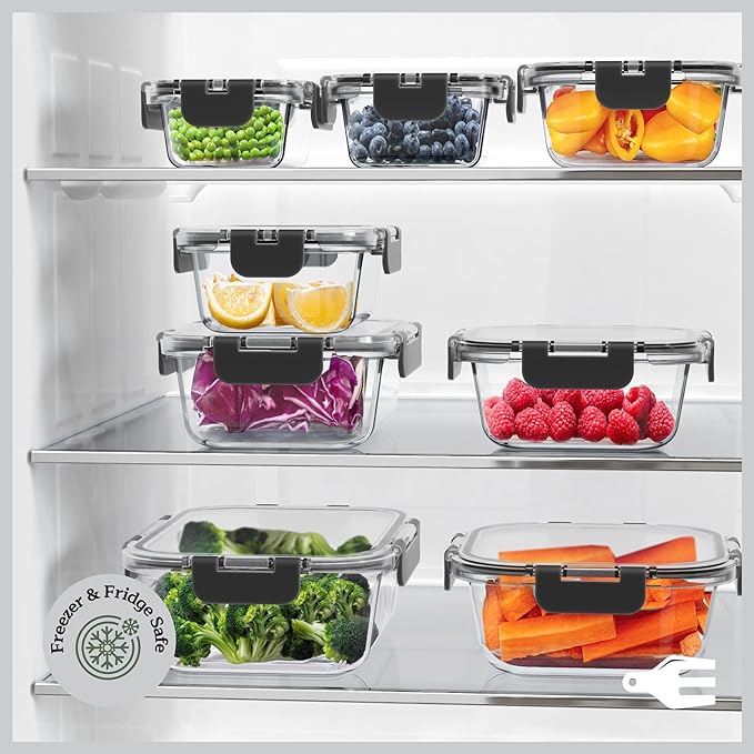 Emporio Kitchen Borosilicate Glass Food Storage Containers with Lids 24 Pieces, BPA-Free Stackable Lunch & Leftover Containers, Microwave, Freezer & Dishwasher Safe, 100% Airtight Leak-Proof, Black