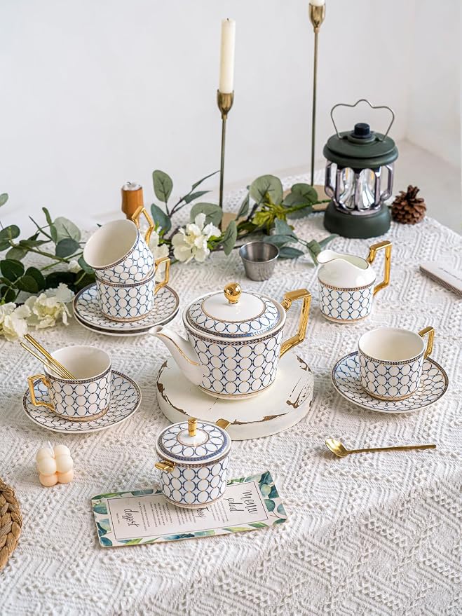 7 Oz Bone China Blue Tea Cup and Saucer Service for 4, Afternoon Porcelain Tea Set with Teapot, Tea Sets For Women Tea Party.