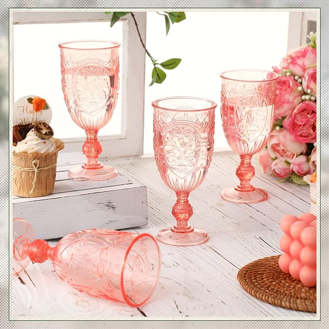 Wiwiqing 48 Pcs Plastic Goblets 7.5oz Vintage Goblet Plastic Wine Glasses Colored Retro Embossed Water Goblets for Wine Bar Juice Baby Shower Wedding Reception Grand Event Party (Pink)