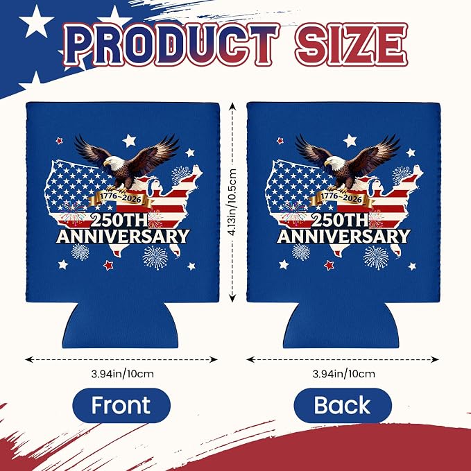 12 Pack 250 Years America Can Cooler Sleeves, Vintage 250th Anniversary USA Patriotic Neoprene Drink Holder for Memorial Day Independence Day 4th of July Party Favors Decorations Gifts