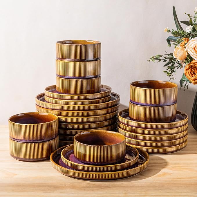 TheTerra Ceramic Dinnerware Sets for 8, 24 Pieces Porcelain Lightweight Plates and Bowls Sets, Scratch Resistant Dish Set, Oven & Microwave & Dishwasher Safe, Amber Amethyst