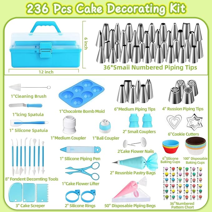 Suuker Cake Decorating Tools Supplies Kit, 236 Pieces | Baking Accessories with Storage Case, Frosting Piping Kit, 36 Numbered Piping Tips, Piping Bags and Tips Set