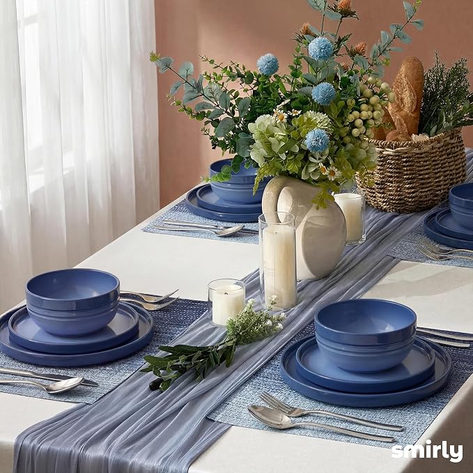 SMIRLY Stoneware Dinnerware Set for 4, 12-Piece Ceramic Plates and Bowls Set, Chip & Scratch Resistant Dish Set, Microwave, Dishwasher & Oven Safe for Everyday Meals, Blue