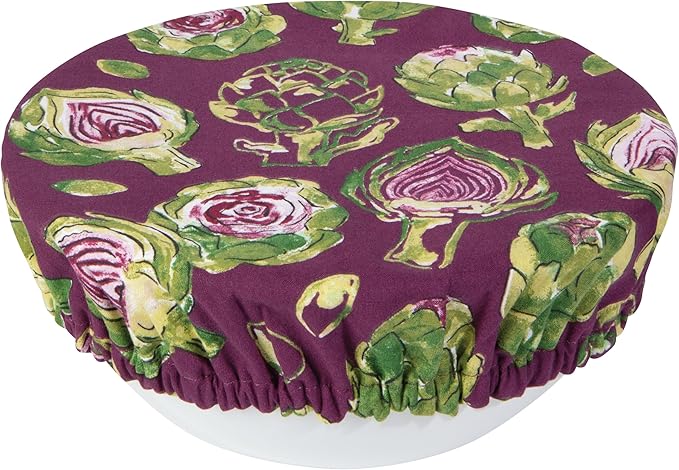 Now Designs Artichoke Collection Bowl Covers Set of 2, Reusable Cotton with Moisture-Locking Lining, DIA7.5in/DIA9.25in, Machine Washable, Purple/Green