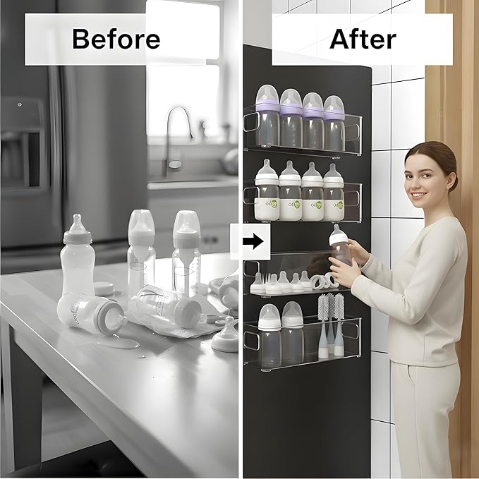 MGY 4Pack Clear Magnetic Baby Bottle Organizer for Refrigerator, Space-Saving Storage for Baby Bottles,Bottle Organizer for kitchen