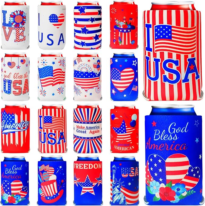 【16 PCS】 4th of July Can Holder in Bulk 4th of July Decorations Outdoor Can Cooler 4th of July Accessories Party Favors Patriotic Party Supplies Fourth of July Independence Day Accessories