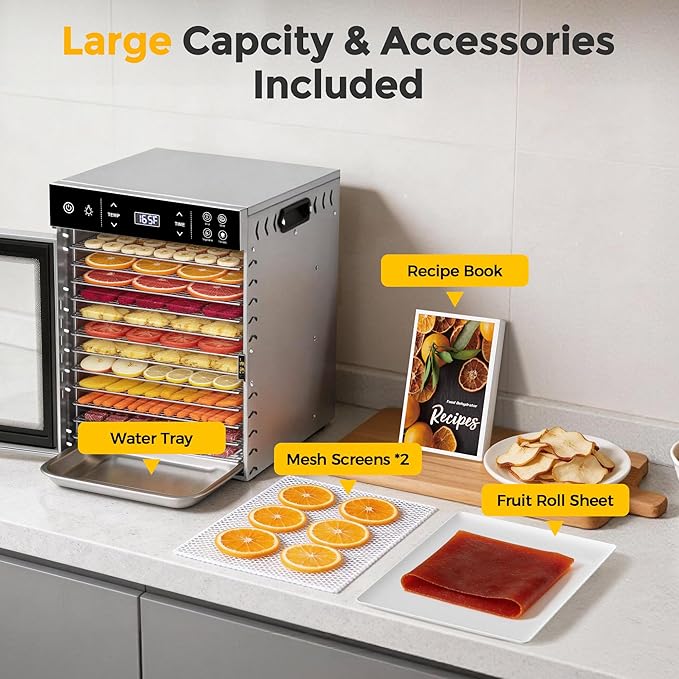 Suteck 12-Tray Food Dehydrator, 800W Dehydrator Machine with Stainless Steel Trays, Dual Fans & 360° Airflow, Digital Temp & Timer Control with 4 Presets, Quiet Dryer for Jerky, Fruit, Meat, Herbs