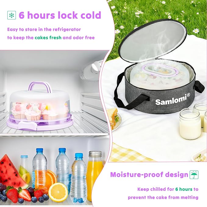 Cake Container, Cake Carrier with Lid, Bpa-Free Cake Holder with Lid for 10 Inch Round Cake Carrier with 10 pcs Round Golden Cake Boards and Portable Insulated Bag & Two Boxes of Cupcake Paper Liners