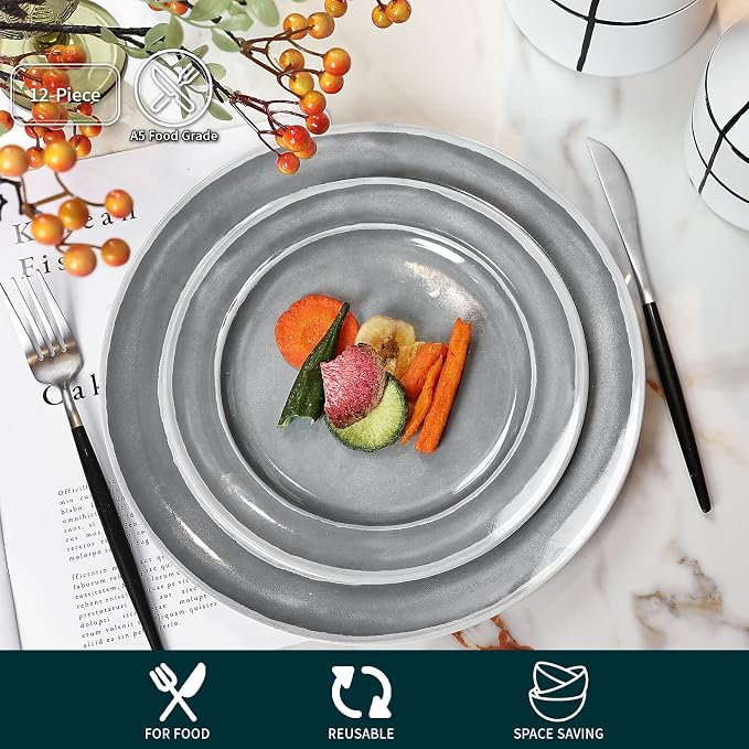 Melamine Dinnerware Set - 12pcs Dishes Dinnerware Set for 4, Indoor and Outdoor use, Dishwasher Safe, Break-resistant, Lightweight, Gray