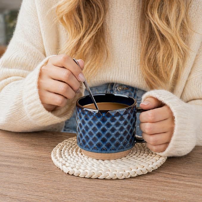 GBhome 12 OZ Stackable Coffee Mugs Set of 6, Ceramic Coffee Cups with Texture Patterns for Man,Woman,Dad,Mom, Modern Coffee Cups for Latte/Cappuccino/Cocoa. Dishwasher&Microwave Safe