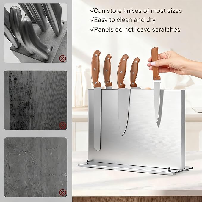 Magnetic Knife Block with Sharpener, Double-Sided Stainless Steel Magnetic Knife Holder with Suction Base, Kitchen Counter Knife Holder Stand, No-Drill Installation