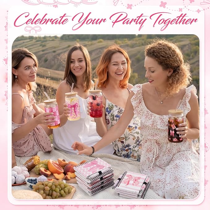 Skylety 12 Set Pink Bow Gifts Coquette Party Favors Bow Glass Cup with Lid and Straw Spiral Notebooks Sticky Pens for Baby Shower Game Prizes for Winners Bridal Shower Bachelorette Party Supplies